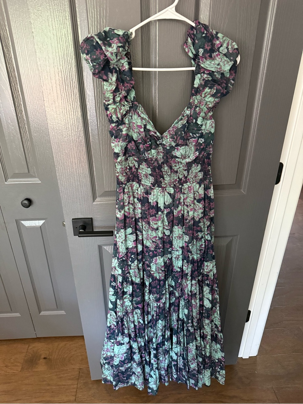 Anthropologie Floral Ruffle Maxi Dress in Mint & Navy